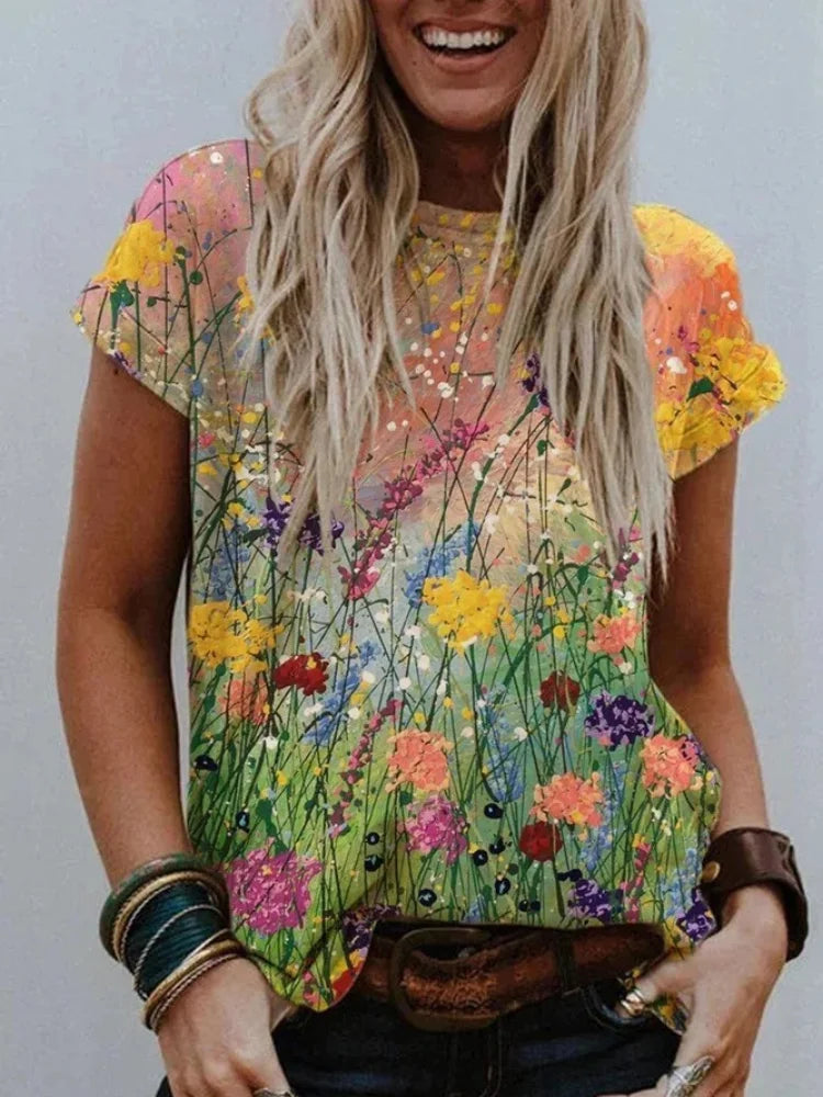 Floral Brush Art T-Shirt for Women