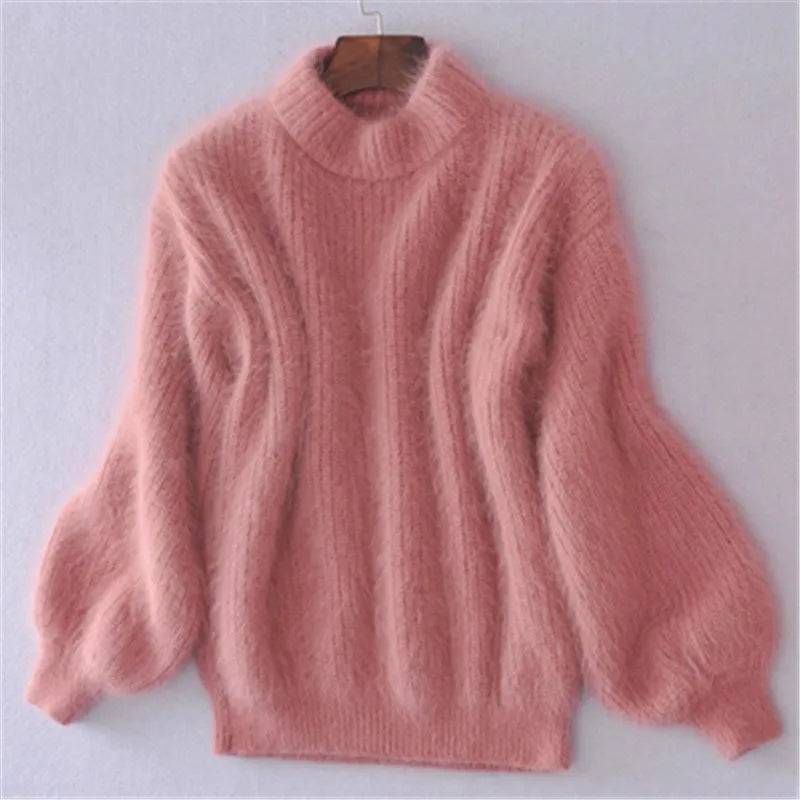 Women's fluffy turtleneck pullover sweater