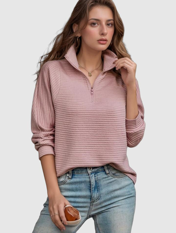 Women's Pullover Sweater - Knit Ribbed Texture - Half-Zip Stand Collar - Relaxed Fit