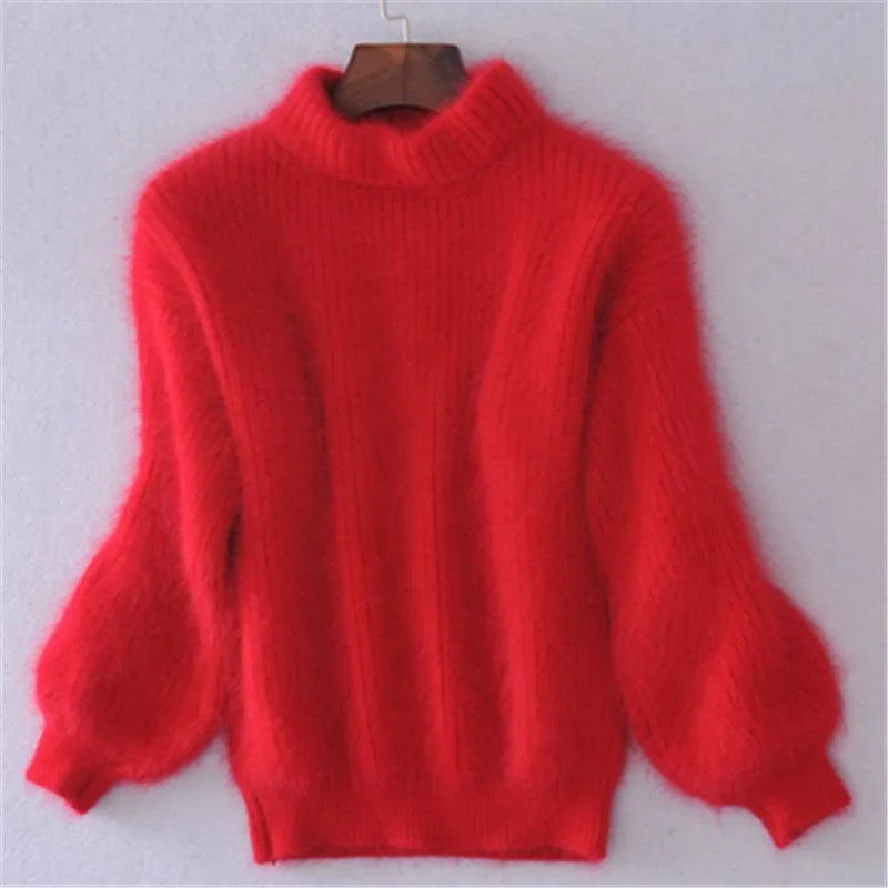Women's fluffy turtleneck pullover sweater