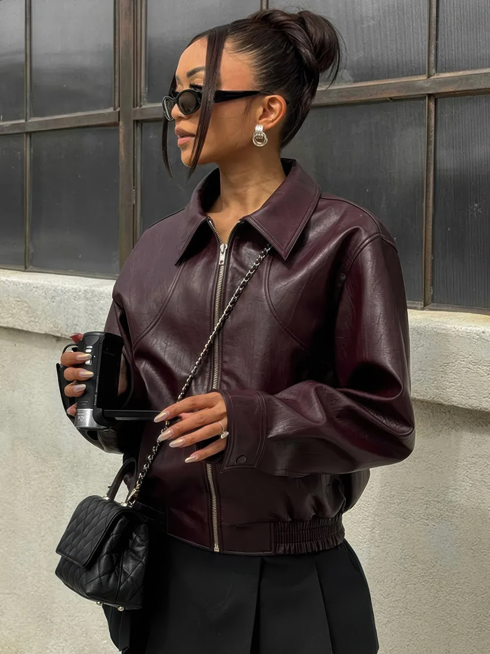 Women's glossy leather bomber jacket