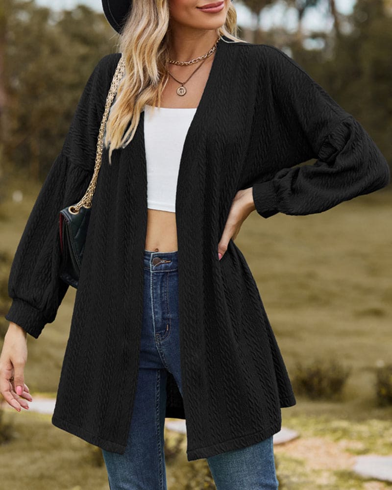 Women's Open-Front Cardigan - Textured Fabric - Long Voluminous Sleeves - Mid-Thigh Length