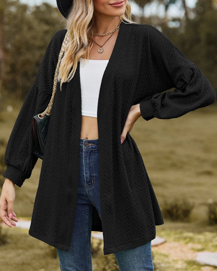 Women's Open-Front Cardigan - Textured Fabric - Long Voluminous Sleeves - Mid-Thigh Length
