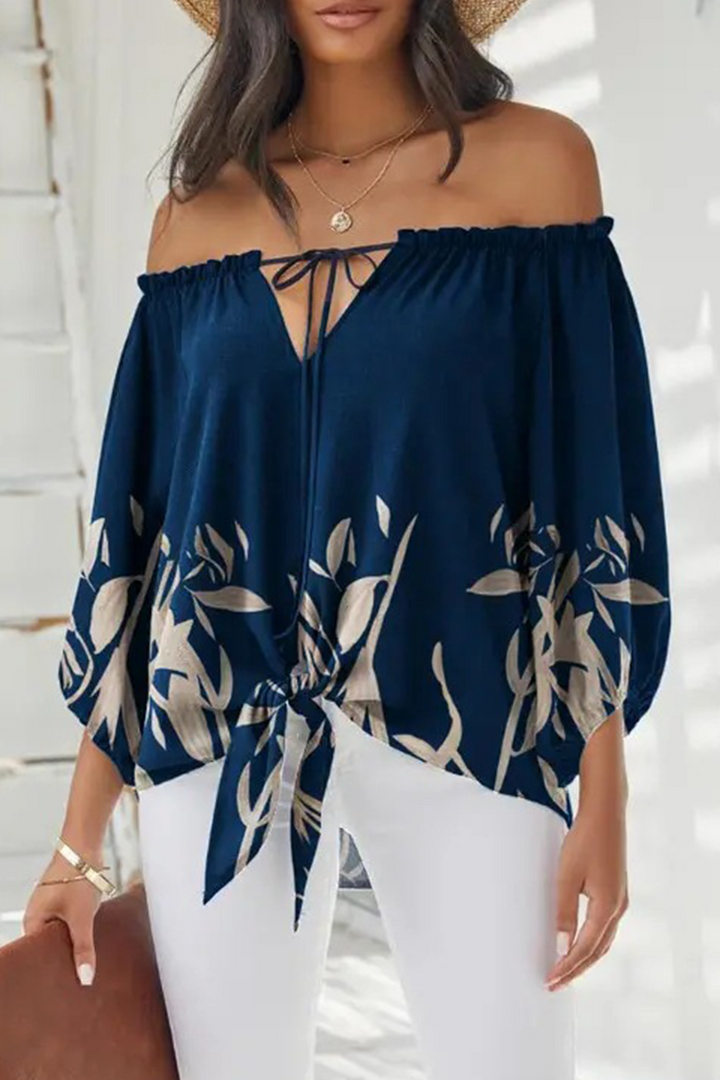 Candace- 3/4 sleeve front tie off shoulder top