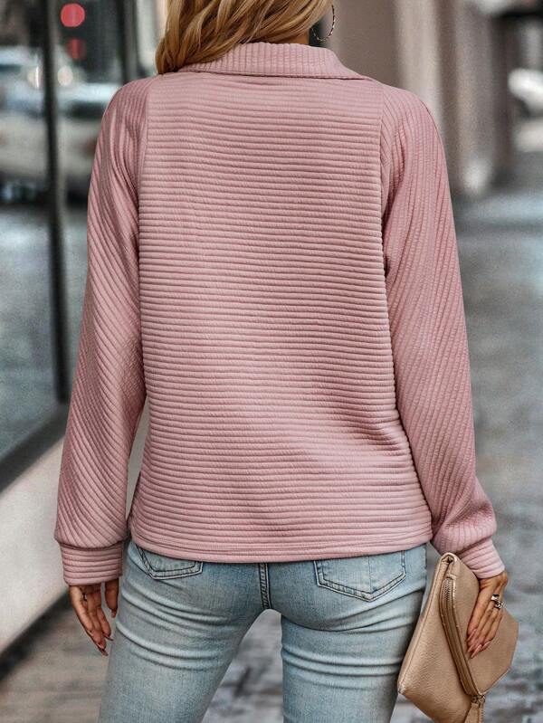 Women's Pullover Sweater - Knit Ribbed Texture - Half-Zip Stand Collar - Relaxed Fit