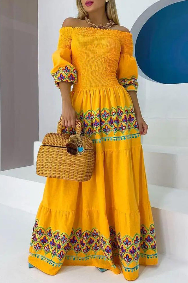 Women's Off-Shoulder Maxi Dress - Bohemian Style - Shirred Bodice - Embroidered Details