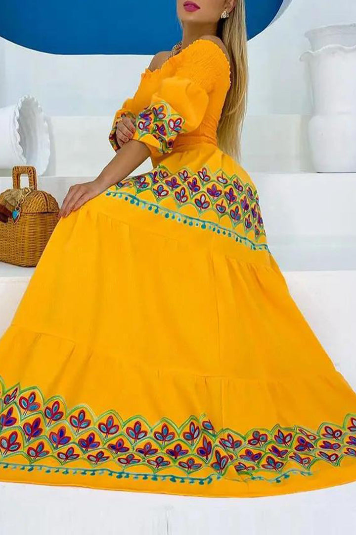 Women's Off-Shoulder Maxi Dress - Bohemian Style - Shirred Bodice - Embroidered Details
