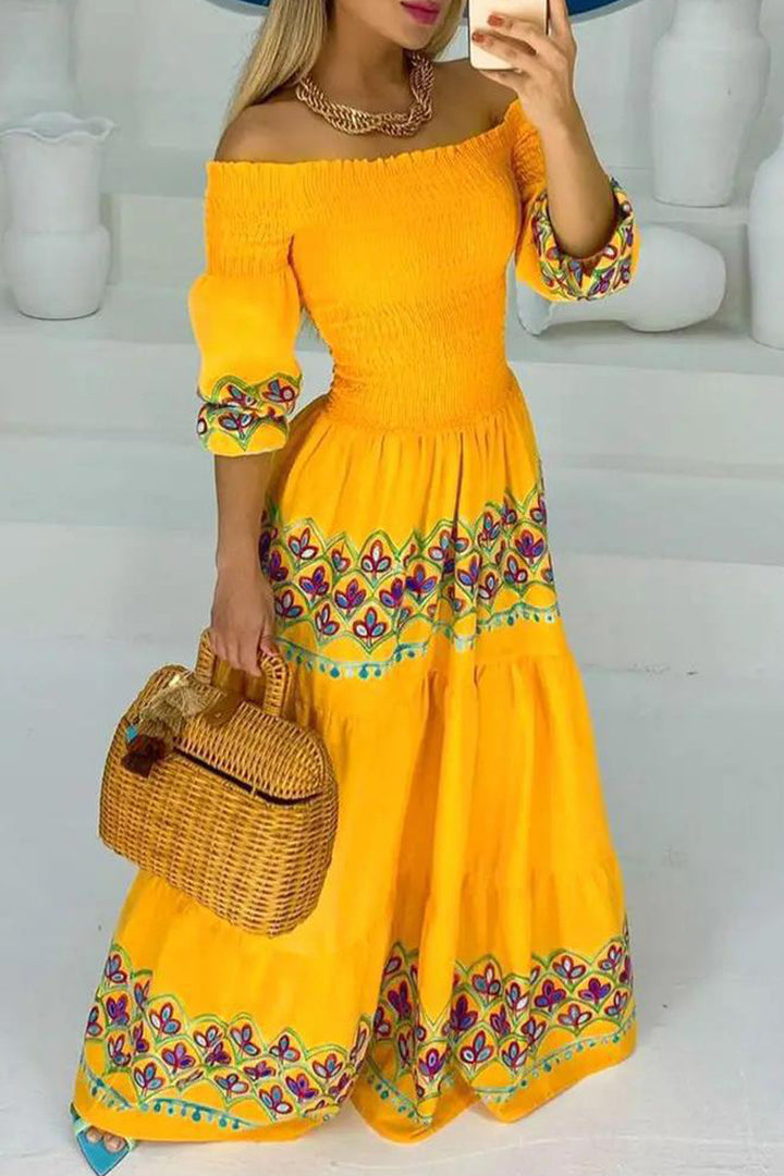 Women's Off-Shoulder Maxi Dress - Bohemian Style - Shirred Bodice - Embroidered Details