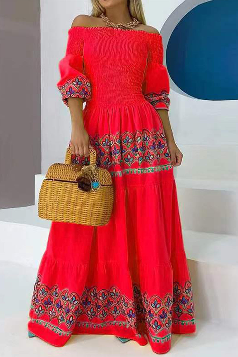 Women's Off-Shoulder Maxi Dress - Bohemian Style - Shirred Bodice - Embroidered Details
