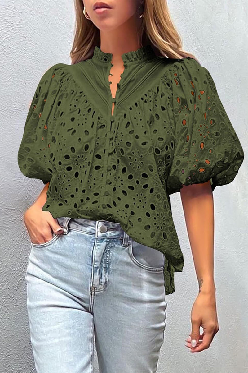Sammy - hollowed out buckle mandarin collar tops
