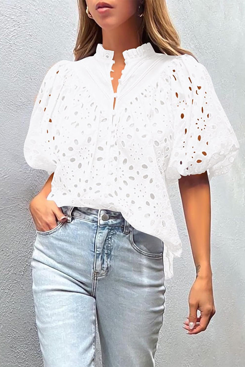 Sammy - hollowed out buckle mandarin collar tops