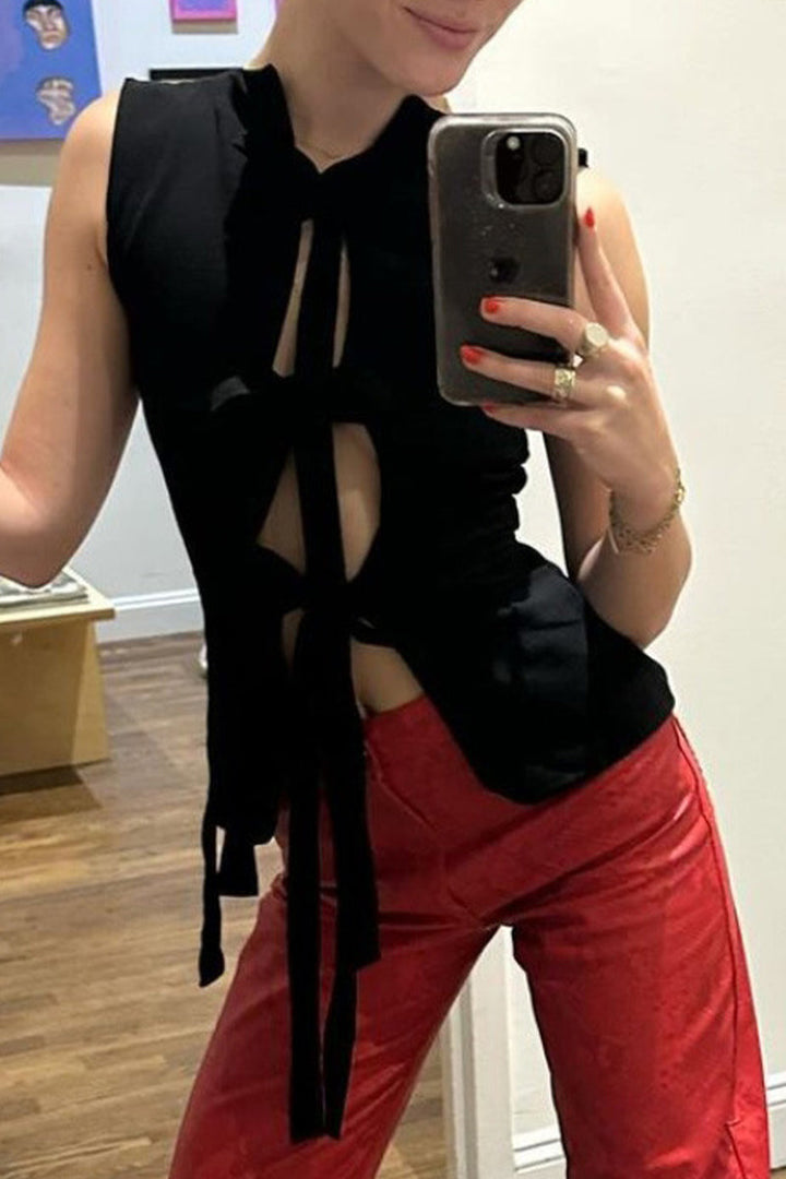 Felicity - Solid Color Lace Up V-Neck Top