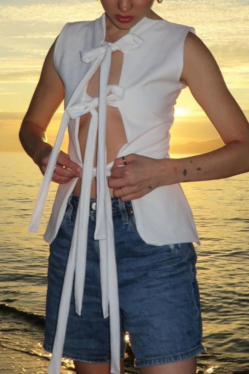 Felicity - Solid Color Lace Up V-Neck Top