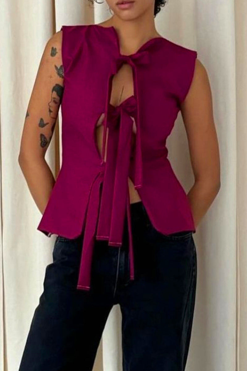 Felicity - Solid Color Lace Up V-Neck Top