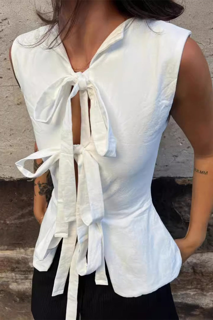 Felicity - Solid Color Lace Up V-Neck Top