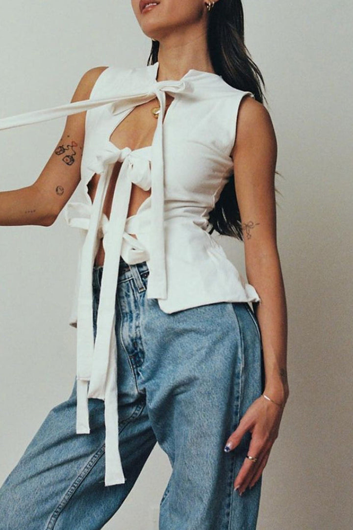 Felicity - Solid Color Lace Up V-Neck Top