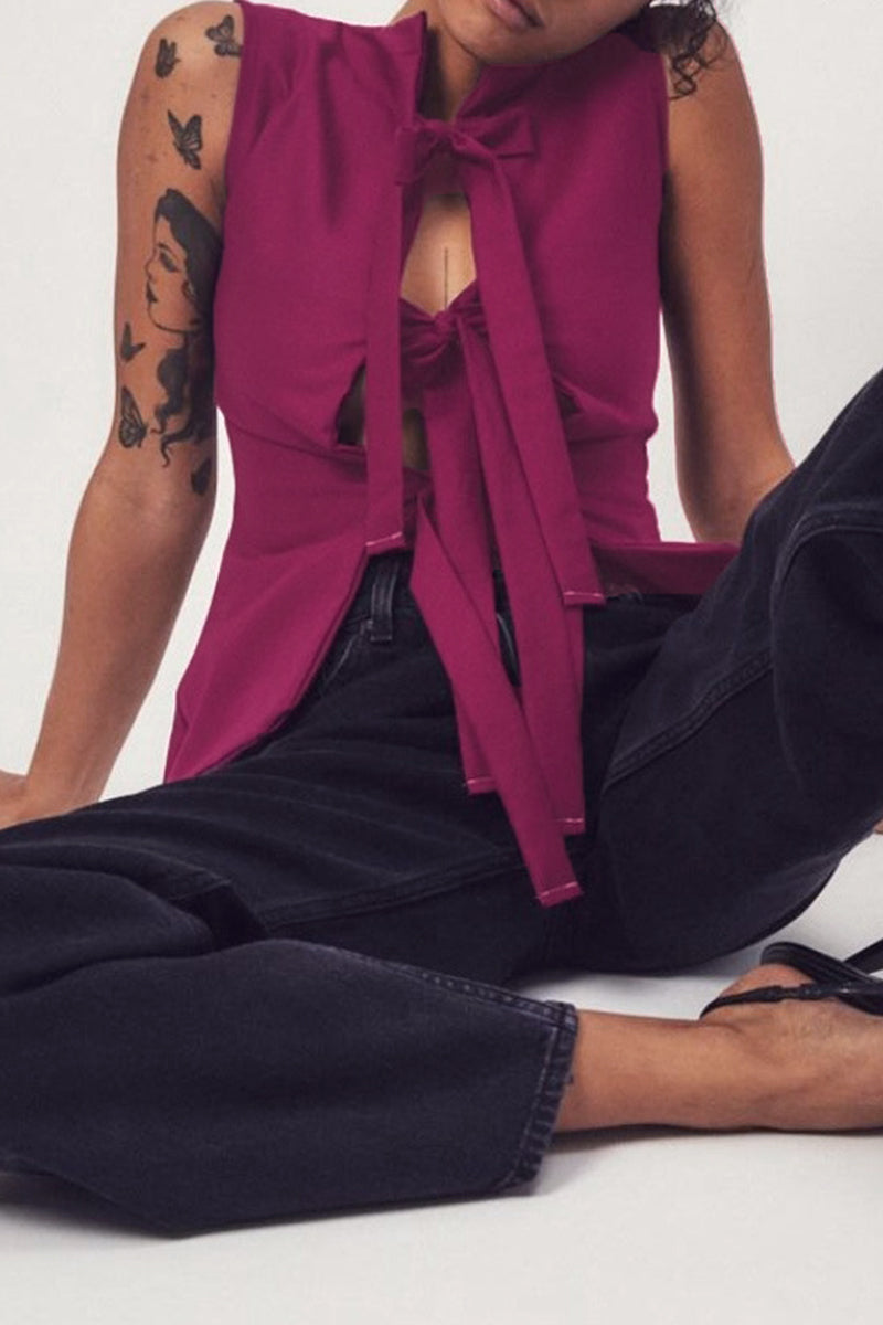 Felicity - Solid Color Lace Up V-Neck Top