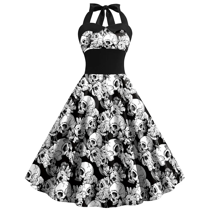 Skull Print Halloween Midi Costume Dress