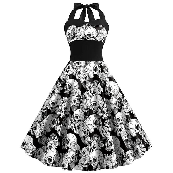 Skull Print Halloween Midi Costume Dress