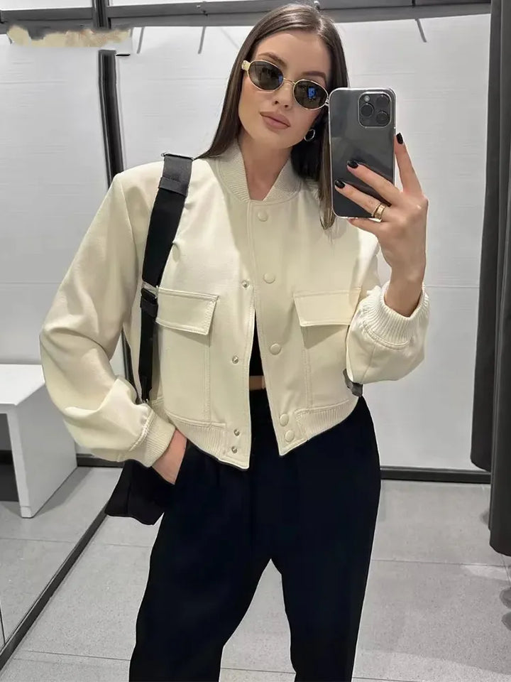 Women's navy bomber jacket for a chic casual look