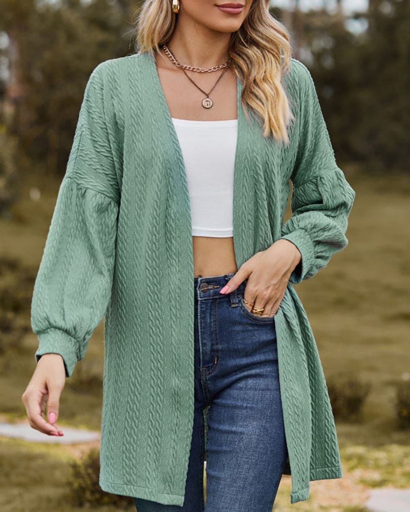 Women's Open-Front Cardigan - Textured Fabric - Long Voluminous Sleeves - Mid-Thigh Length