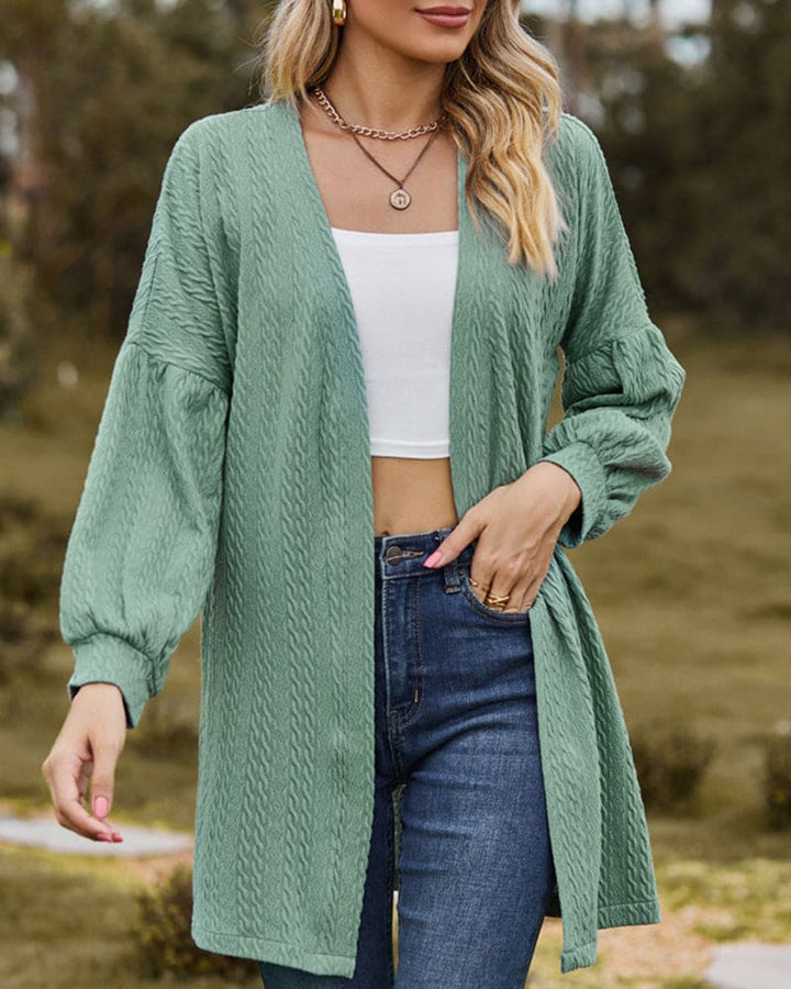 Women's Open-Front Cardigan - Textured Fabric - Long Voluminous Sleeves - Mid-Thigh Length