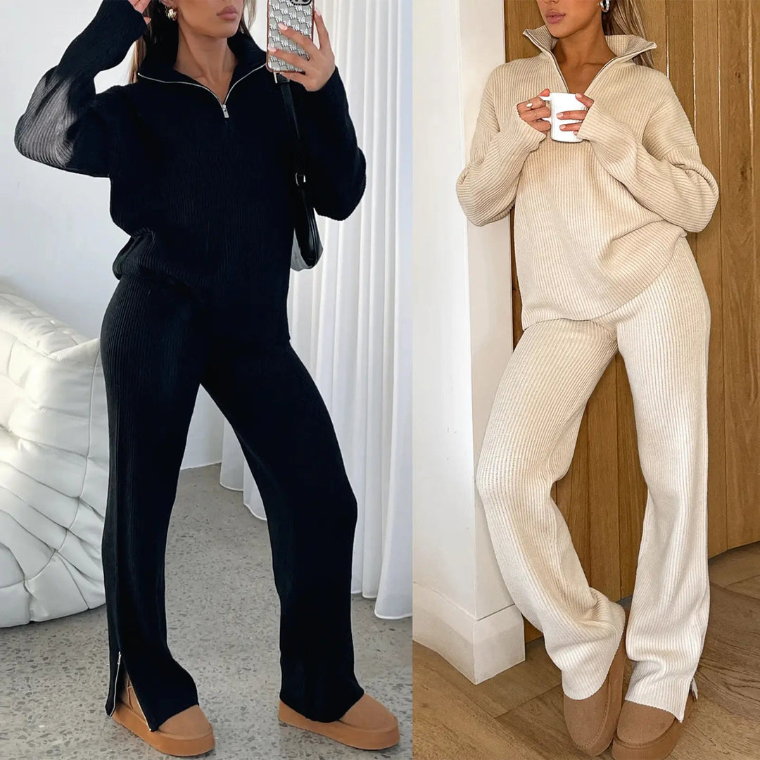 Ribbed Lounge Set with Half-Zip Top
