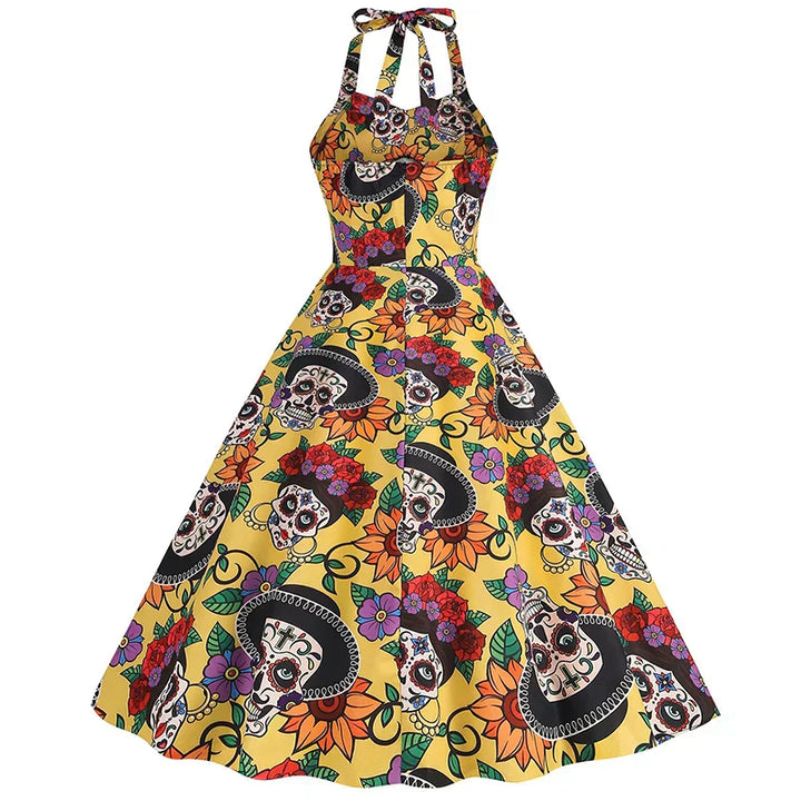 Skull Print Halloween Midi Costume Dress