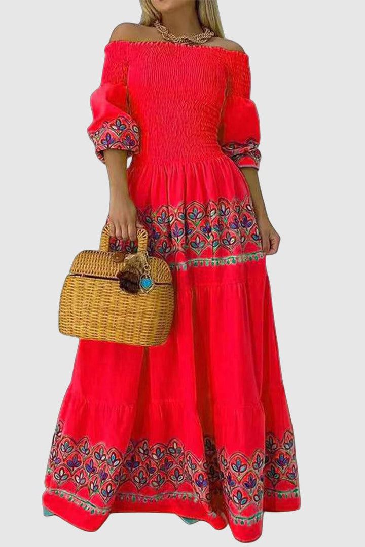 Women's Off-Shoulder Maxi Dress - Bohemian Style - Shirred Bodice - Embroidered Details