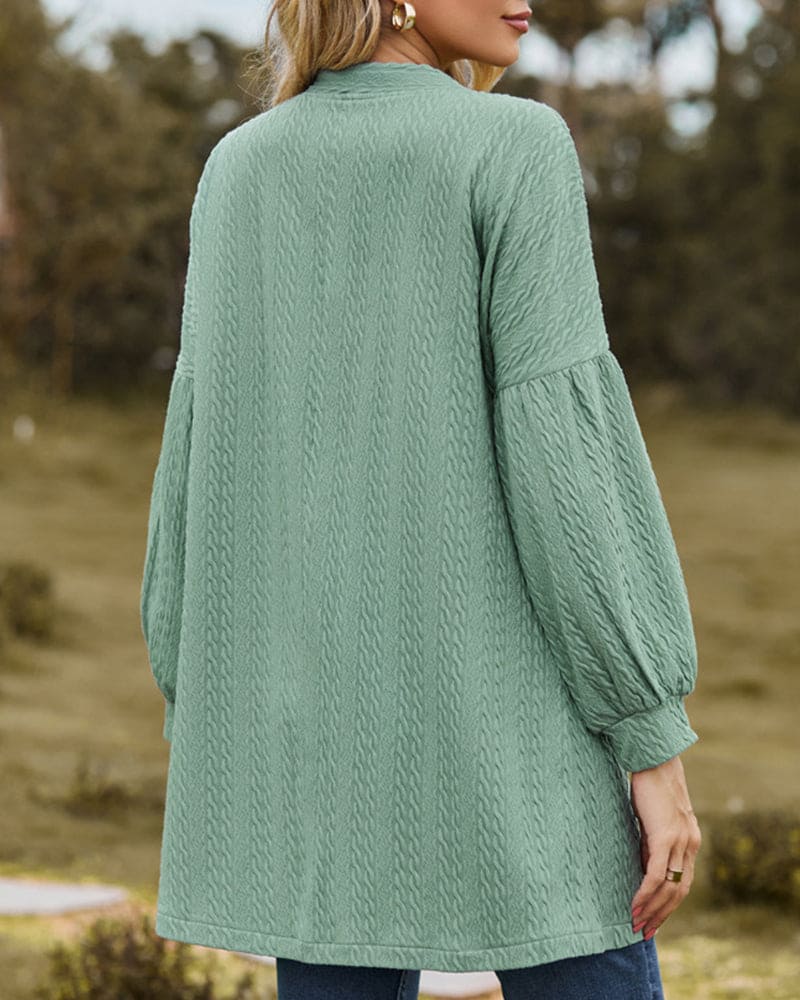 Women's Open-Front Cardigan - Textured Fabric - Long Voluminous Sleeves - Mid-Thigh Length