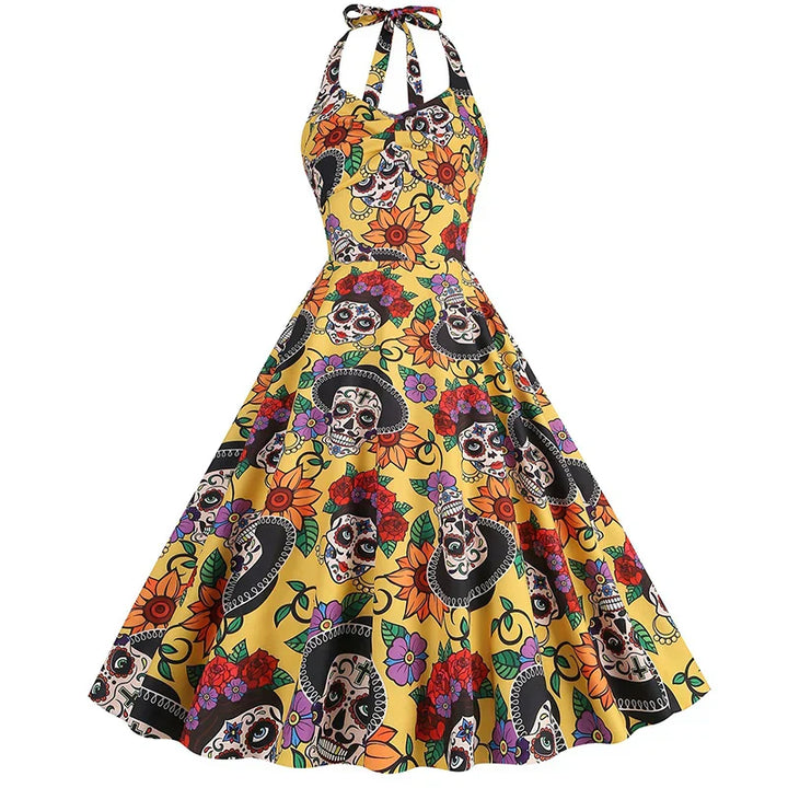 Skull Print Halloween Midi Costume Dress