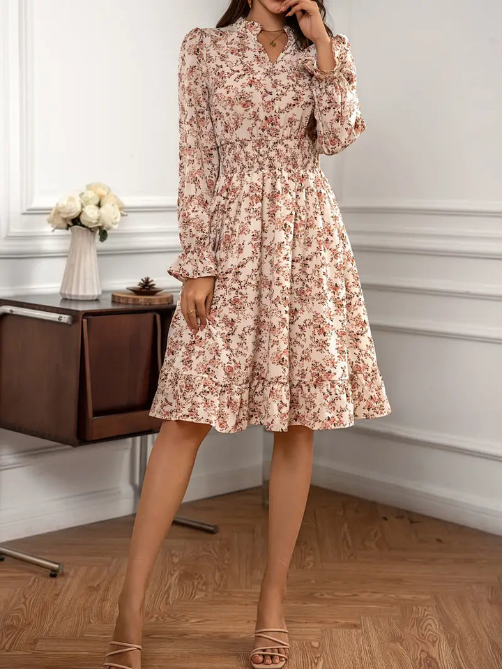 Elegant Women's Floral Dress with Shirred Waist