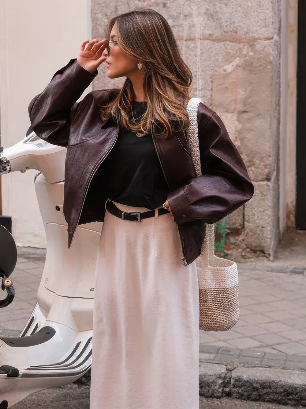 Women's glossy leather bomber jacket