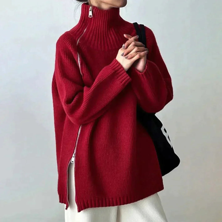 Women's turtleneck sweater with zippered side slits