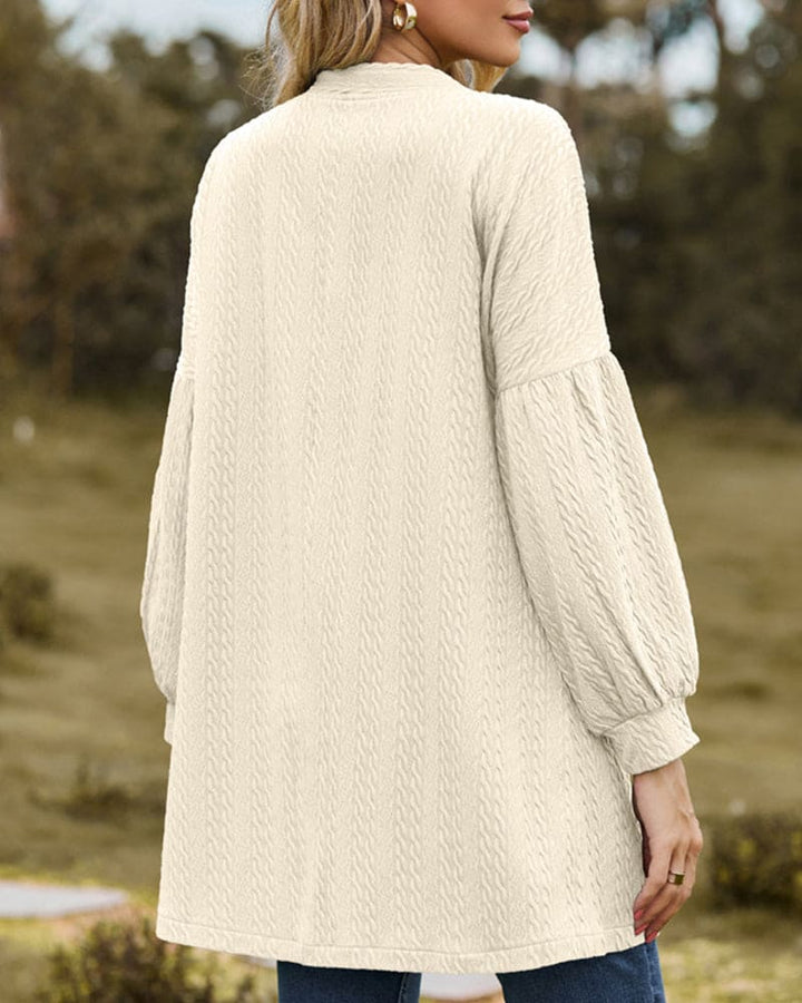 Women's Open-Front Cardigan - Textured Fabric - Long Voluminous Sleeves - Mid-Thigh Length