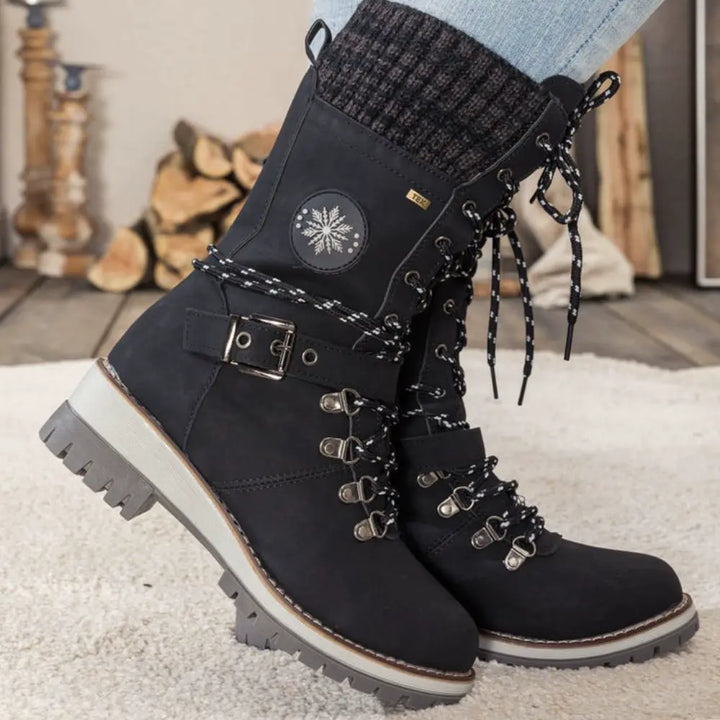 Women's Winter Lace-Up Snow Boots – Knit Cuff & Buckle – Anti-Slip Sole
