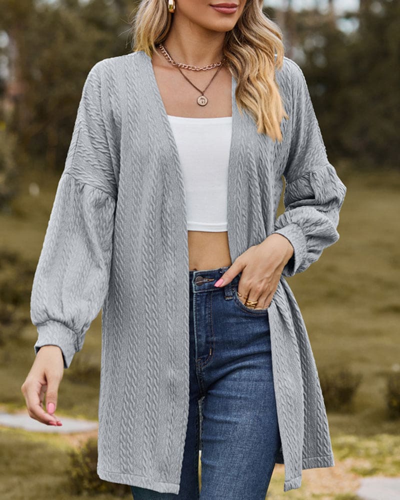 Women's Open-Front Cardigan - Textured Fabric - Long Voluminous Sleeves - Mid-Thigh Length