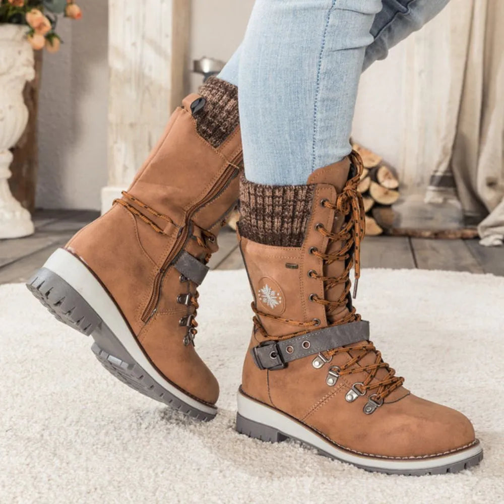 Women's Winter Lace-Up Snow Boots – Knit Cuff & Buckle – Anti-Slip Sole