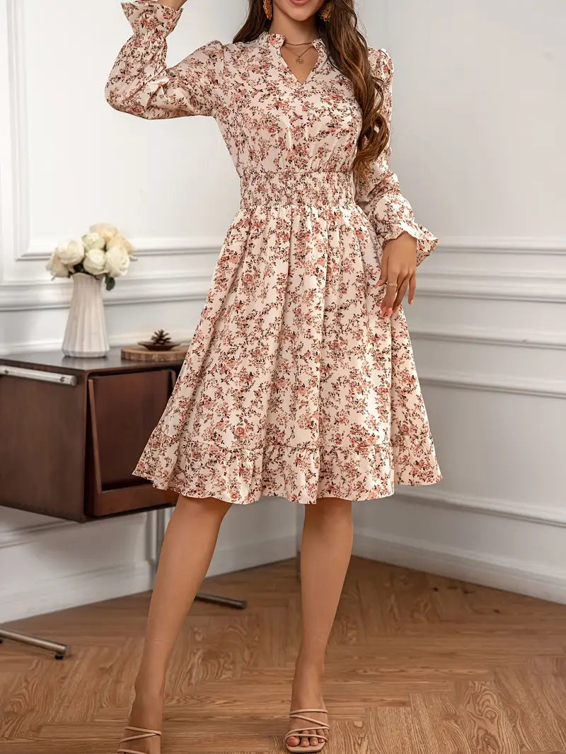 Elegant Women's Floral Dress with Shirred Waist