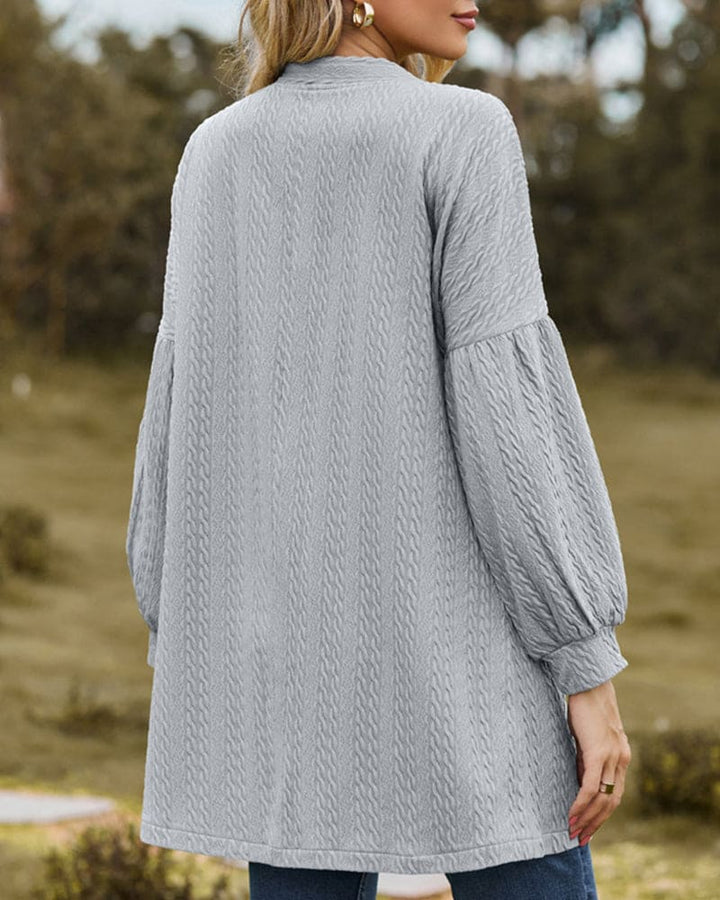 Women's Open-Front Cardigan - Textured Fabric - Long Voluminous Sleeves - Mid-Thigh Length
