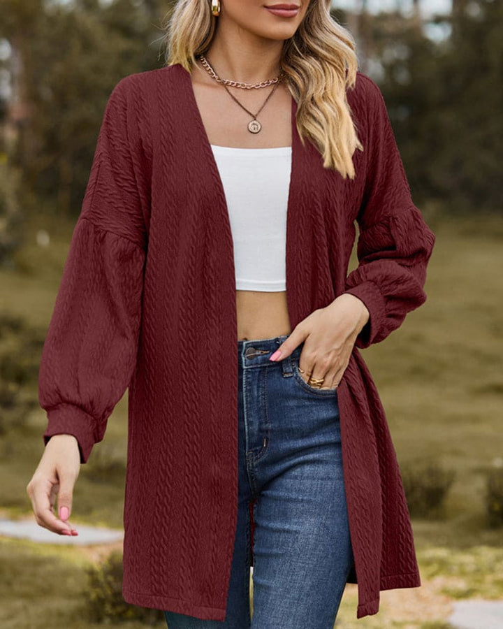 Women's Open-Front Cardigan - Textured Fabric - Long Voluminous Sleeves - Mid-Thigh Length