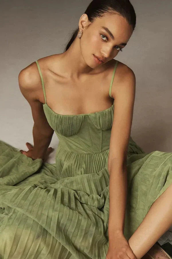Elegant Pleated Fit and Flare Midi Dress