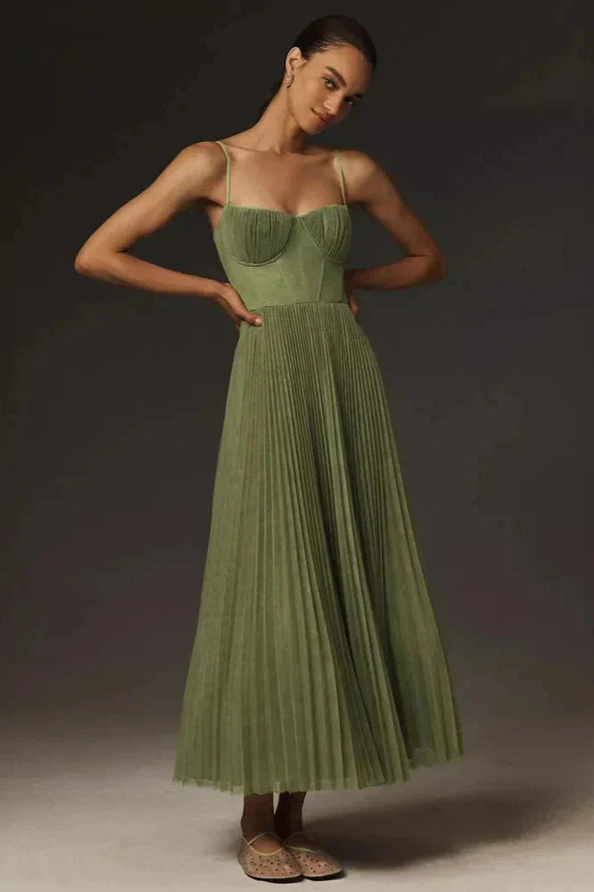 Elegant Pleated Fit and Flare Midi Dress