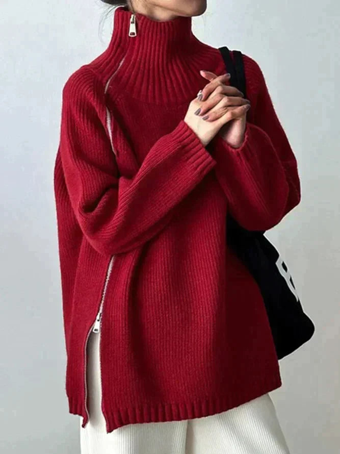 Women's turtleneck sweater with zippered side slits