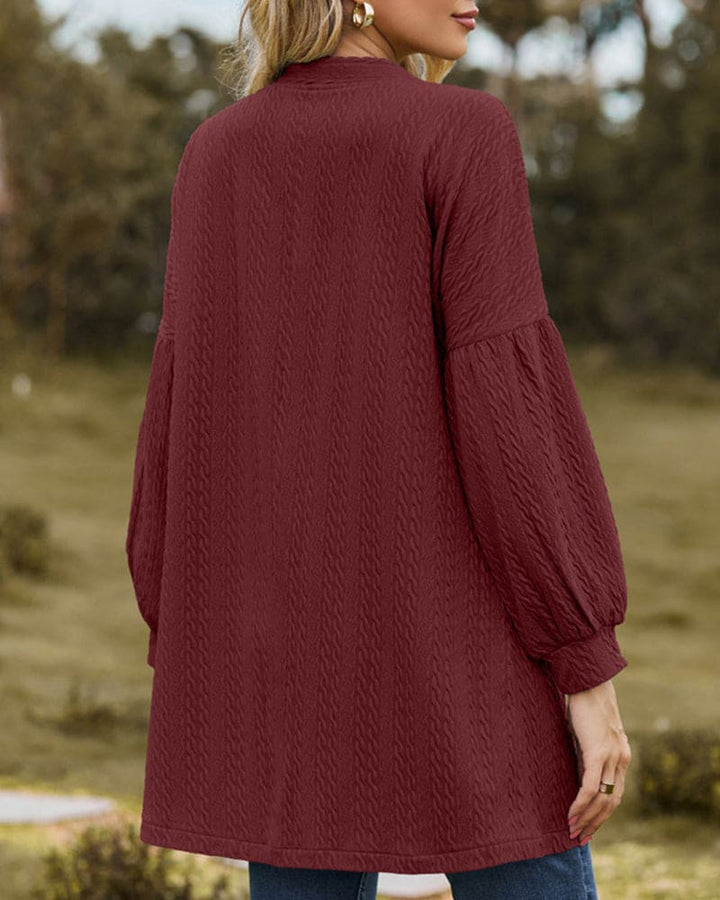 Women's Open-Front Cardigan - Textured Fabric - Long Voluminous Sleeves - Mid-Thigh Length