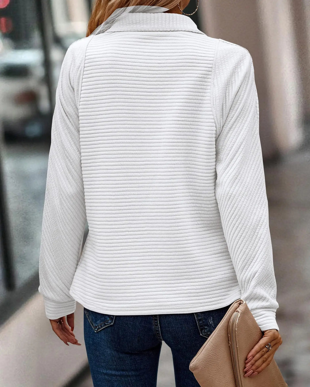 Women's Pullover Sweater - Knit Ribbed Texture - Half-Zip Stand Collar - Relaxed Fit