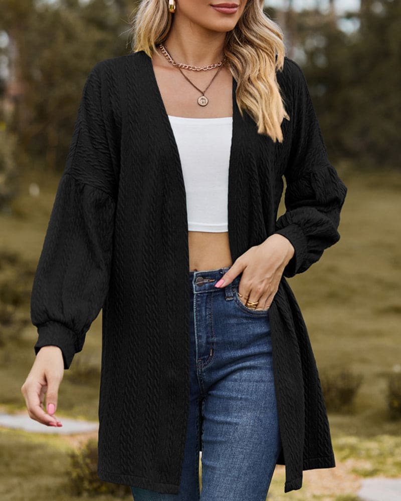 Women's Open-Front Cardigan - Textured Fabric - Long Voluminous Sleeves - Mid-Thigh Length