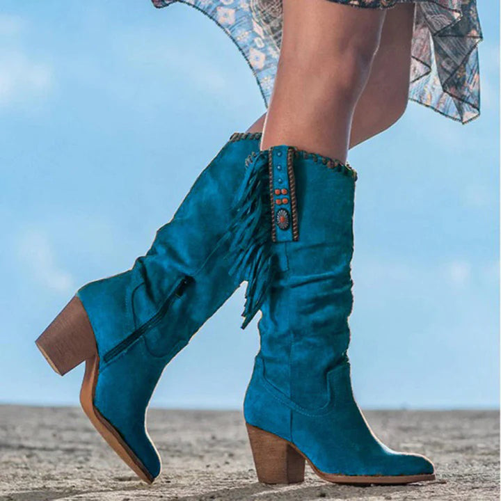 Women's Knee-High Boots - Western Style - Fringe & Stud Details - Block Heel