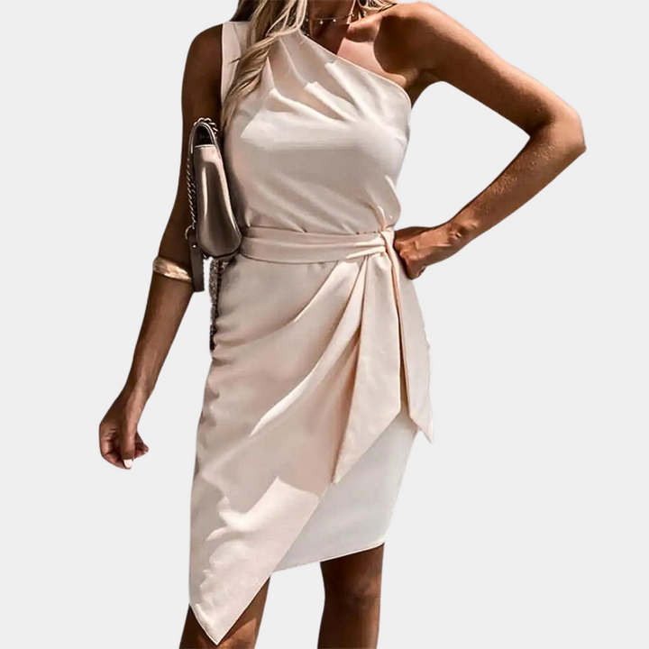 Elegant One-Shoulder Dress with Waist Tie