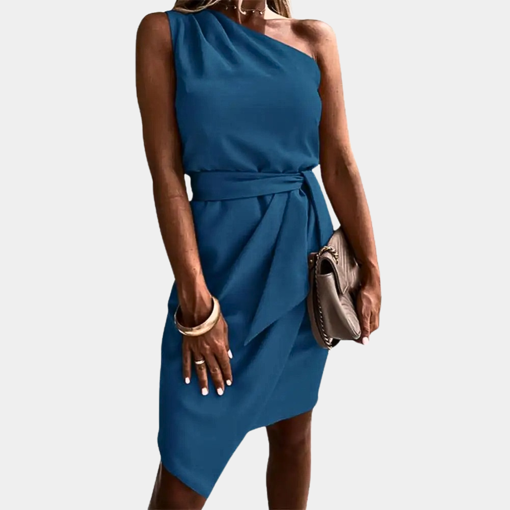 Elegant One-Shoulder Dress with Waist Tie